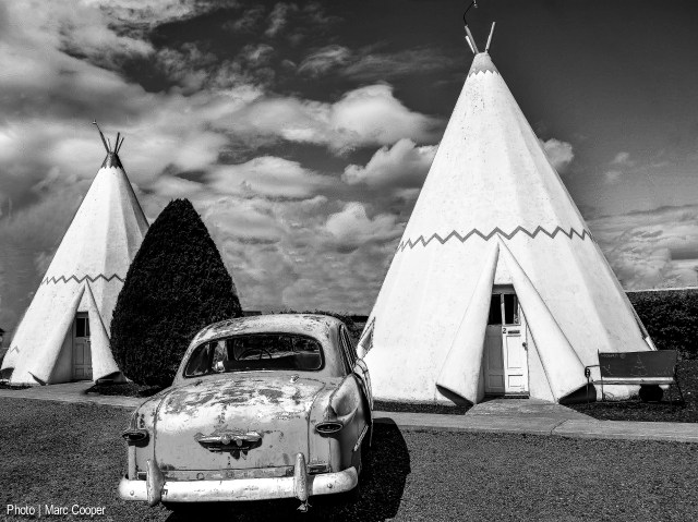 Old car in front of the Wigwam Hotel in Holbrook, Arizona